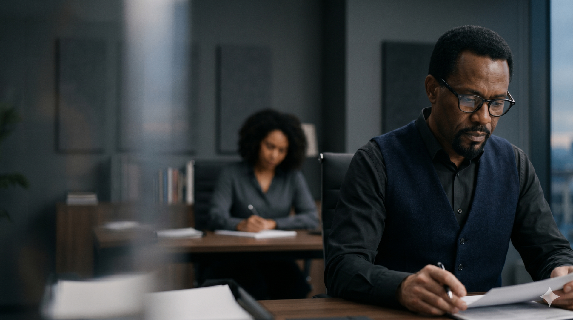 Executives reviewing documents in a quiet corporate office